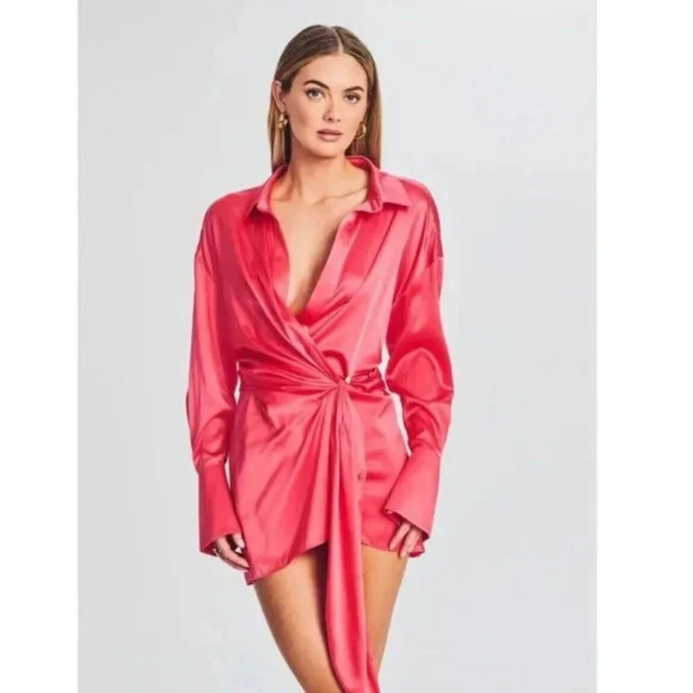 SER.O.YA Demi Silk Dress Size Medium Neon Coral Pink Shirt Dress Wrap Party